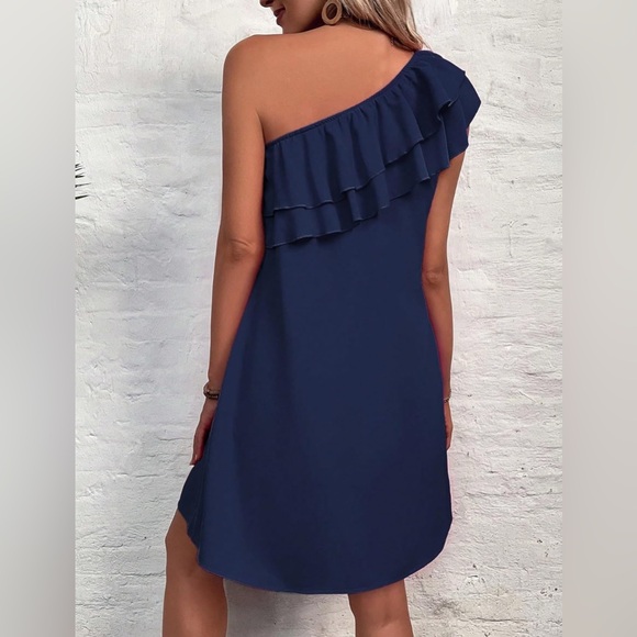 One Shoulder Ruffle Tunic Dress Blue - Picture 2 of 5